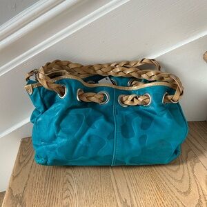 Roberto Gandolfi Italian NWT Teal and Tan Braided Handle Handbag